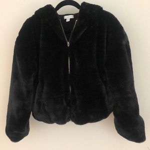 Top shop UK medium Black faux fur coat with hood